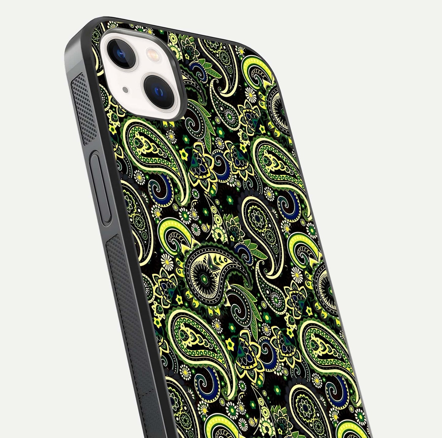 Green Mandala Pattern Glass Case for iPhone 14 Plus close-up angled shot showing fine detailing and gold-green reflection