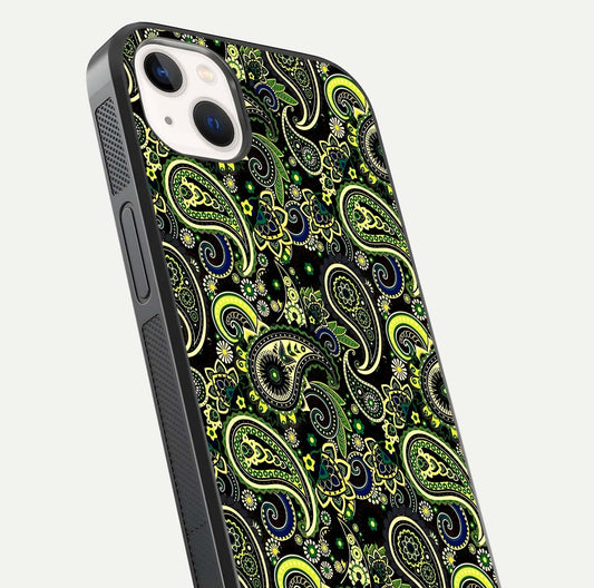 Green Mandala Pattern Glass Case for iPhone 14 Plus close-up angled shot showing fine detailing and gold-green reflection