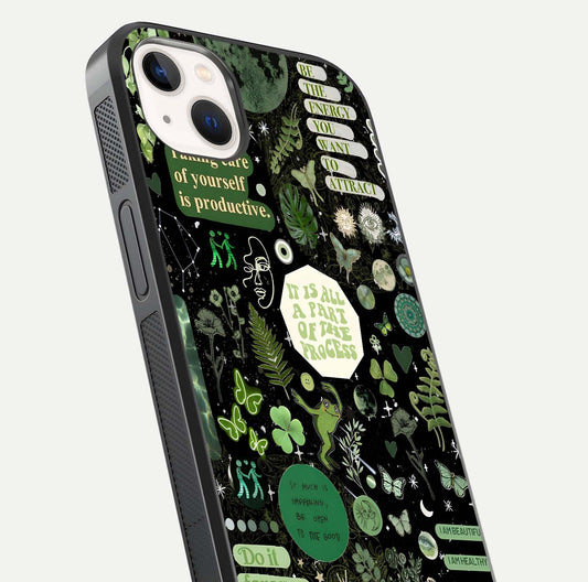 Green Moon Energy Glass Case for iPhone 14 Plus close-up angled shot showing glowing lunar detail and reflection shine