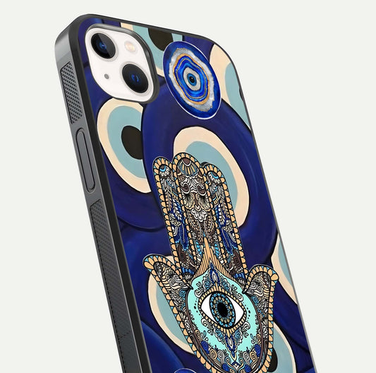 Hamsa Divine Guard Glass Case for iPhone 14 Plus close-up angled shot showing detailed palm motif and reflection glow