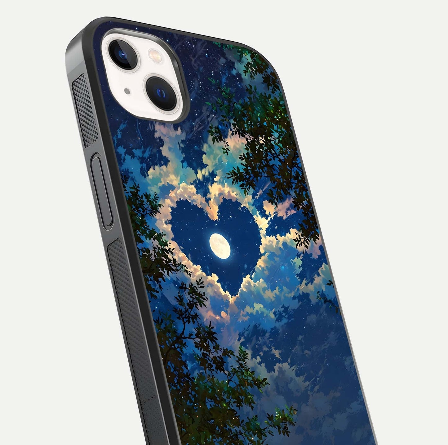 Heart with Moon Sky Glass Case for iPhone 14 Plus close-up angled shot showing lunar reflection and shine detail