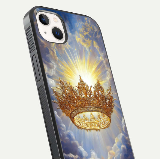 Heavenly Crown Light Glass Case for iPhone 14 Plus close-up angled shot showing glowing halo details and smooth reflection