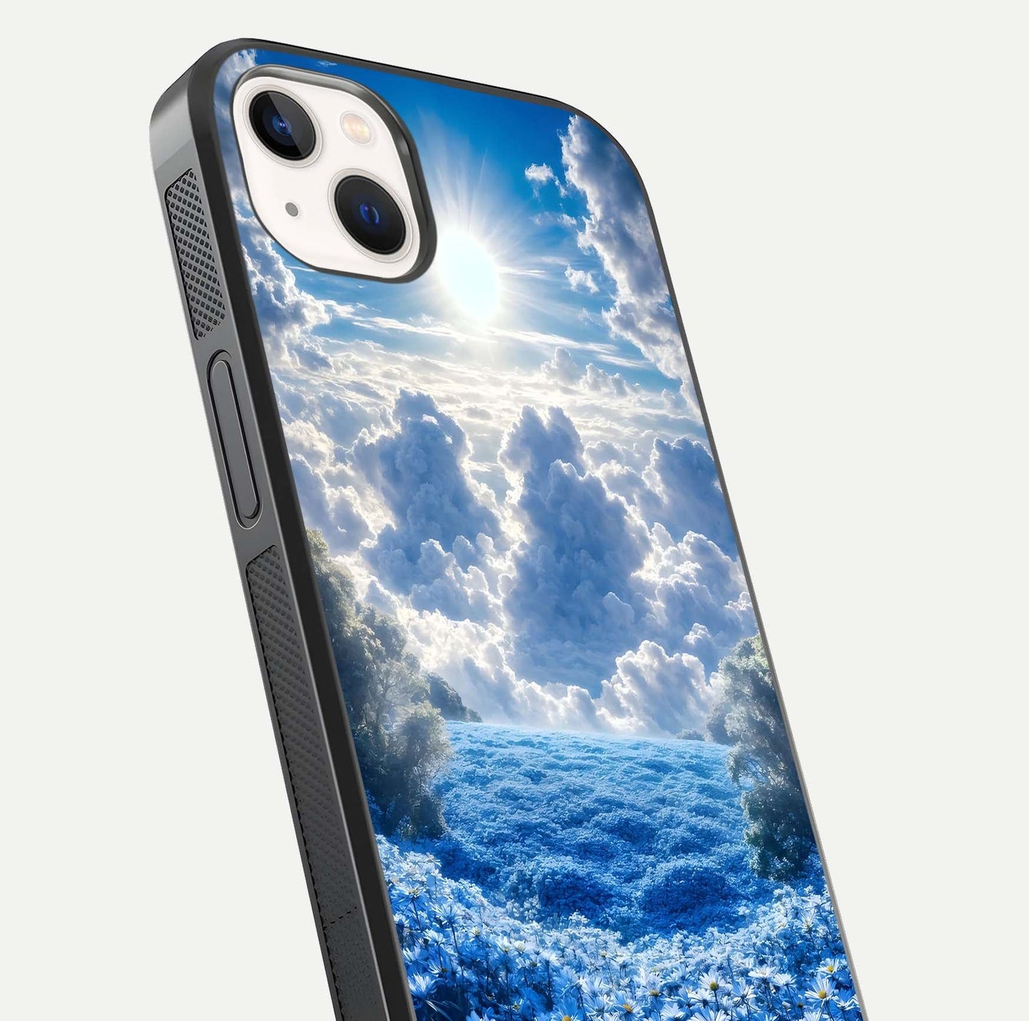 Heavenly Daisy Horizon Glass Case for iPhone 14 Plus close-up angled shot showing daisy petal details and light reflection