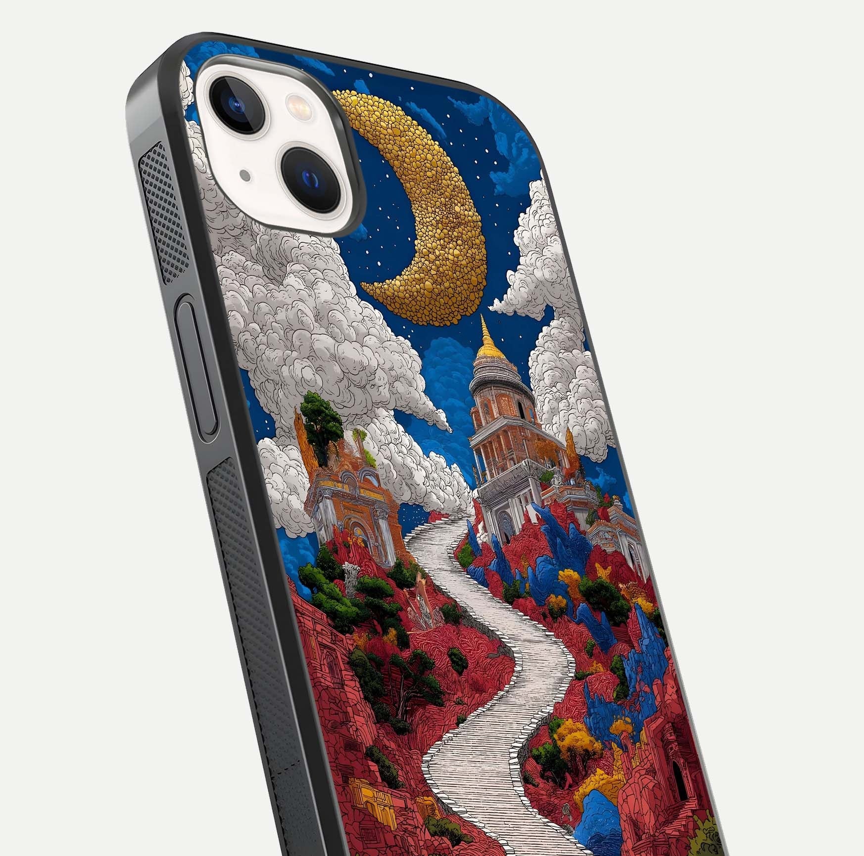 Heavenly Moon Path Glass Case for iPhone 14 Plus close-up angled shot showing moon reflection and shimmer texture