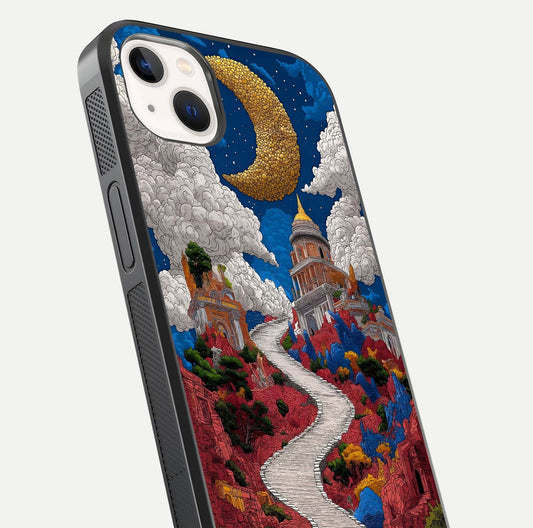 Heavenly Moon Path Glass Case for iPhone 14 Plus close-up angled shot showing moon reflection and shimmer texture