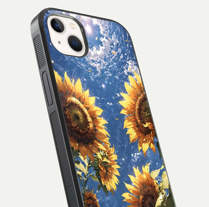 Heavenly Sunflower Rise Glass Case for iPhone 14 Plus close-up angled shot showing sunflower texture and reflection polish