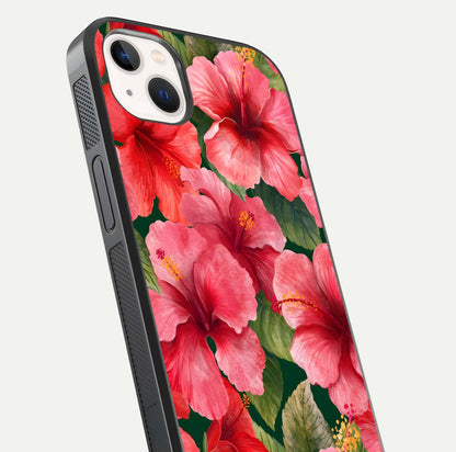 Hibiscus Pattern Glass Case for iPhone 14 Plus close-up angled shot showing flower details and gloss reflection