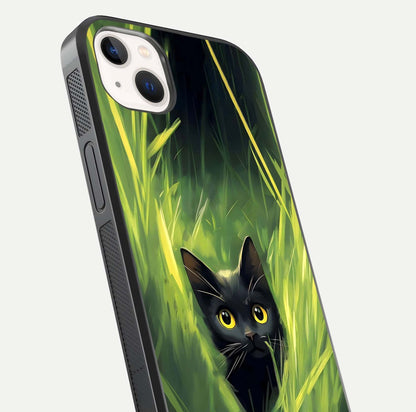 Hidden Cat Whisper Glass Case for iPhone 14 Plus close-up angled shot showing feline details and reflection polish