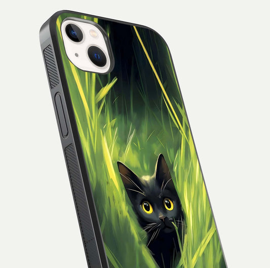 Hidden Cat Whisper Glass Case for iPhone 14 Plus close-up angled shot showing feline details and reflection polish