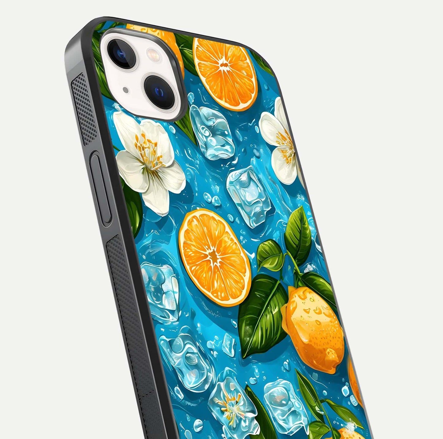 Ice Cube With Orange Glass Case for iPhone 14 Plus close-up angled shot showing orange slices and ice reflections