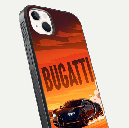 Inferno Bugatti Storm Glass Case for iPhone 14 Plus close-up angled shot showing flame details and reflection shine