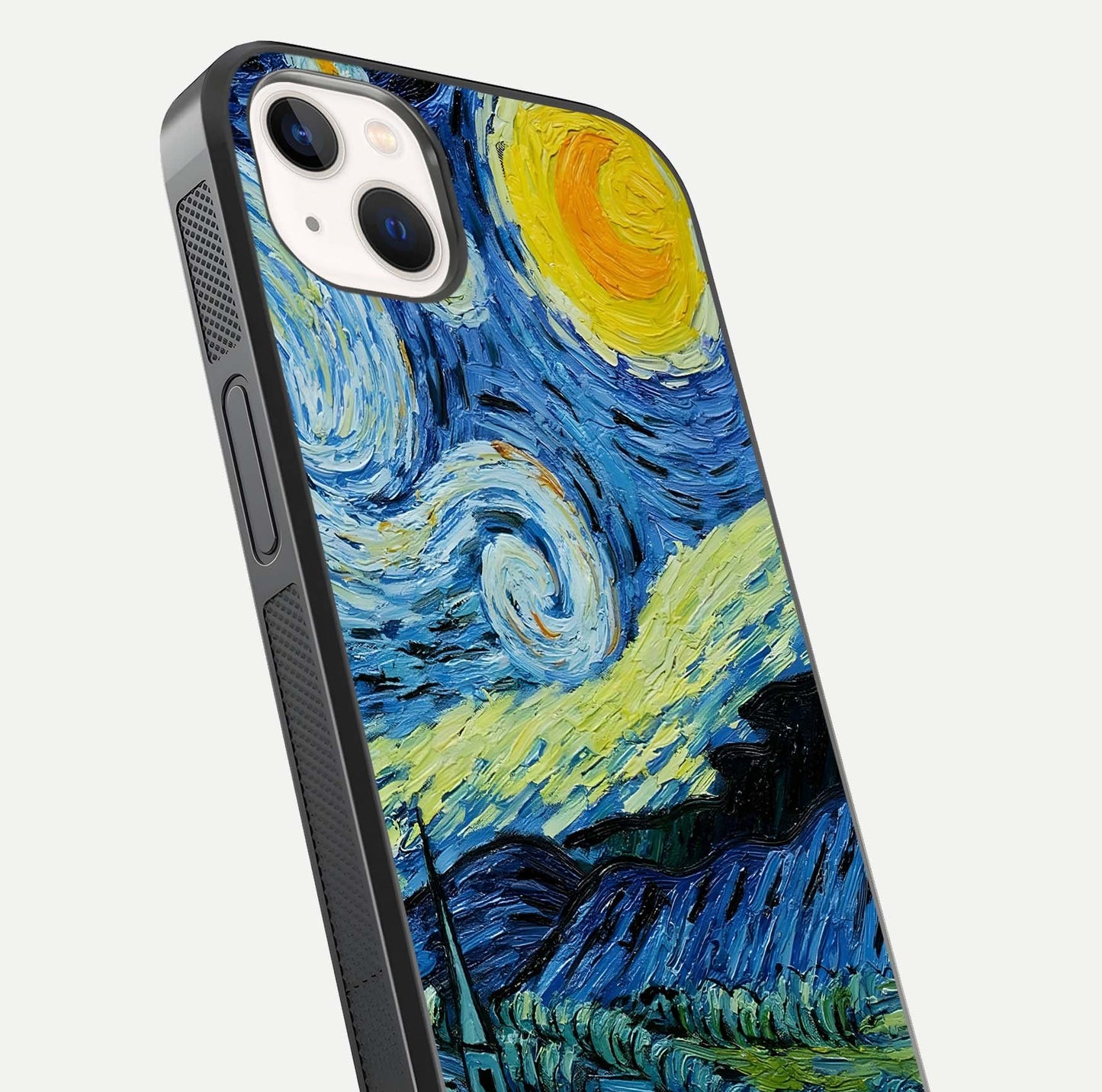 Inspired Van Gogh Art Glass Case for iPhone 14 Plus close-up angled shot showing brushstroke texture and shine detail