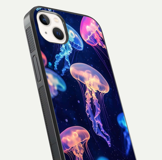 Jellyfish Pattern Glass Case for iPhone 14 Plus close-up angled shot showing translucent tentacles and light reflection