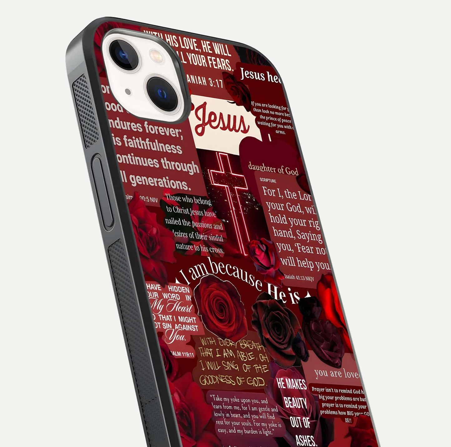 Jesus Love Heals Glass Case for iPhone 14 Plus close-up angled shot showing healing text, cross detailing, and reflection