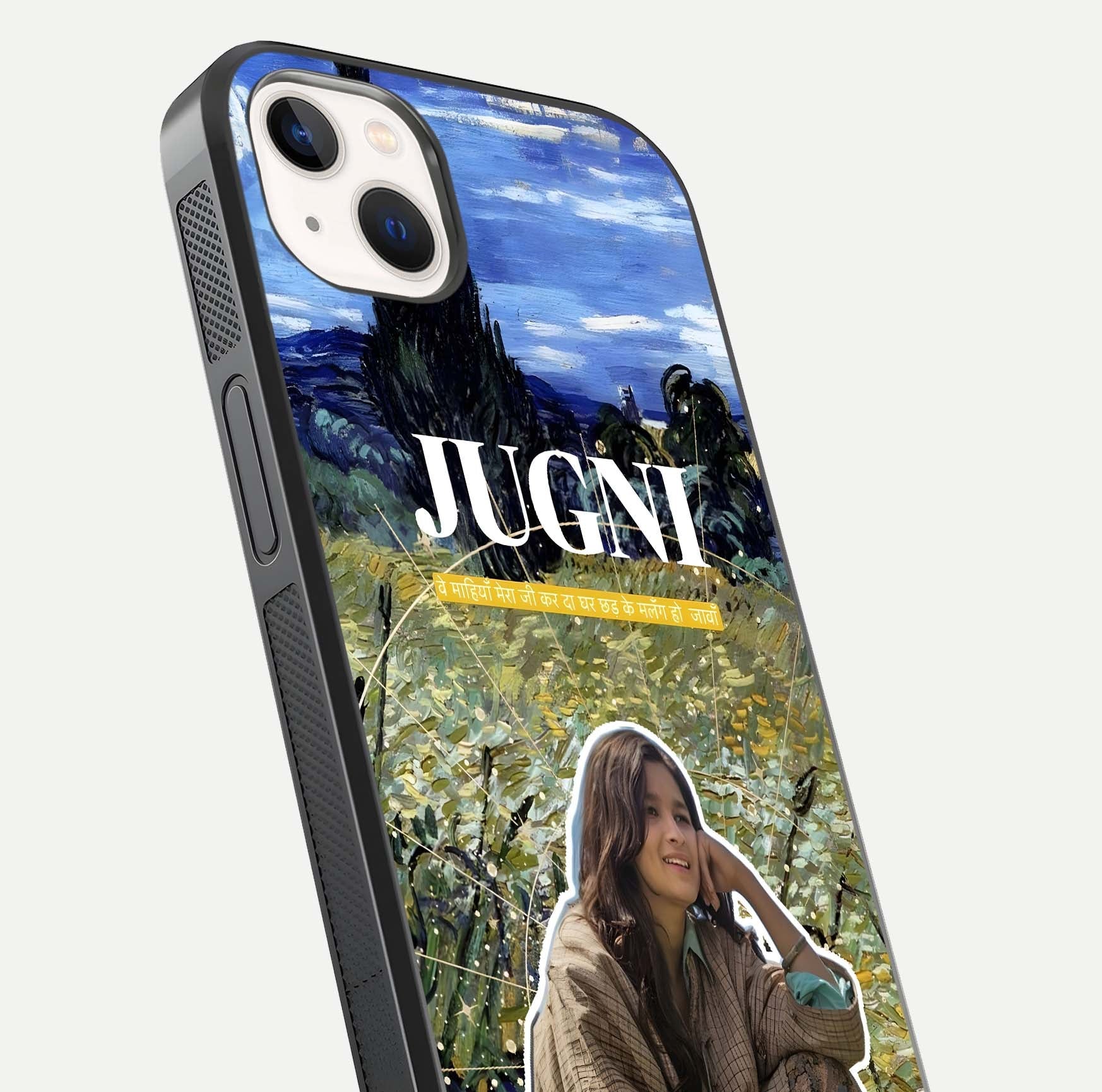 Jugni Soul Vibes Glass Case for iPhone 14 Plus close-up angled shot showing typography detail and vibrant gloss reflection