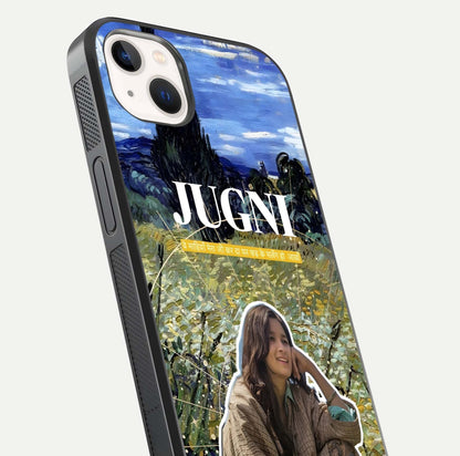Jugni Soul Vibes Glass Case for iPhone 14 Plus close-up angled shot showing typography detail and vibrant gloss reflection