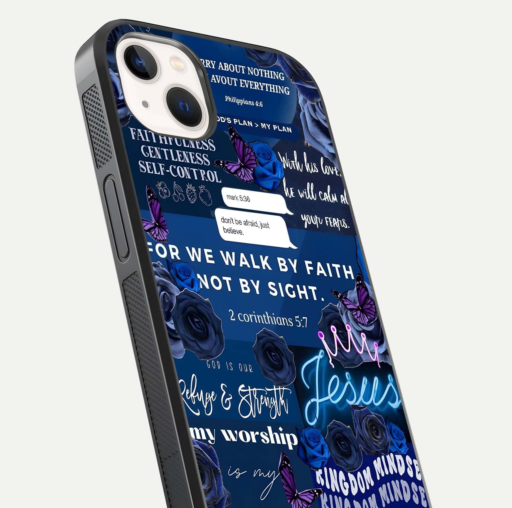Kingdom Faith Glow Glass Case for iPhone 14 Plus close-up angled shot showing luminous text and divine reflection