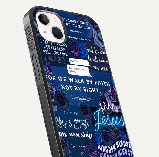 Kingdom Faith Glow Glass Case for iPhone 14 Plus close-up angled shot showing luminous text and divine reflection