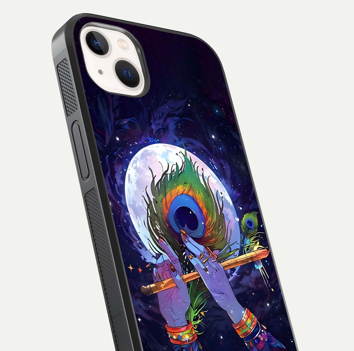 Krishna Hands Art Glass Case for iPhone 14 Plus close-up angled shot showing detailed hand design and shine