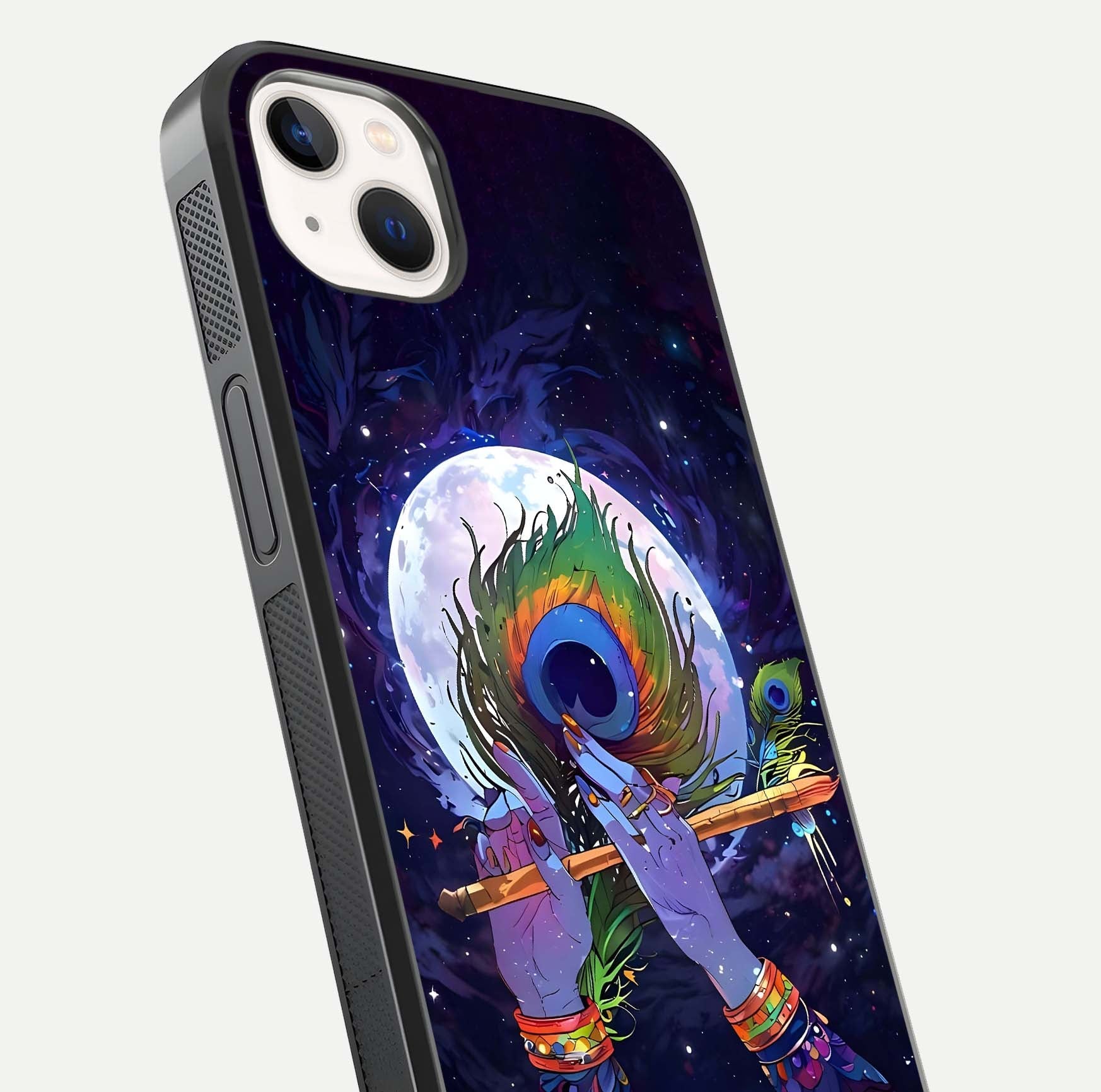 Krishna Hands Art Glass Case for iPhone 14 Plus close-up angled shot showing detailed hand design and shine