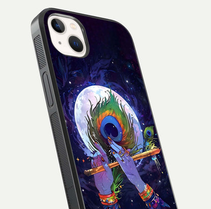 Krishna Hands Art Glass Case for iPhone 14 Plus close-up angled shot showing detailed hand design and shine