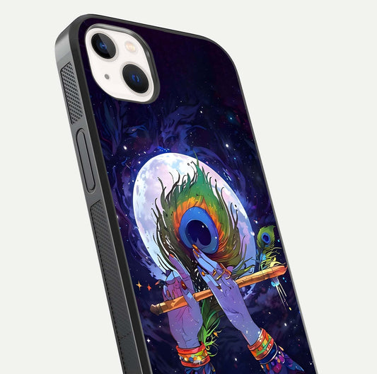 Krishna Hands Art Glass Case for iPhone 14 Plus close-up angled shot showing detailed hand design and shine
