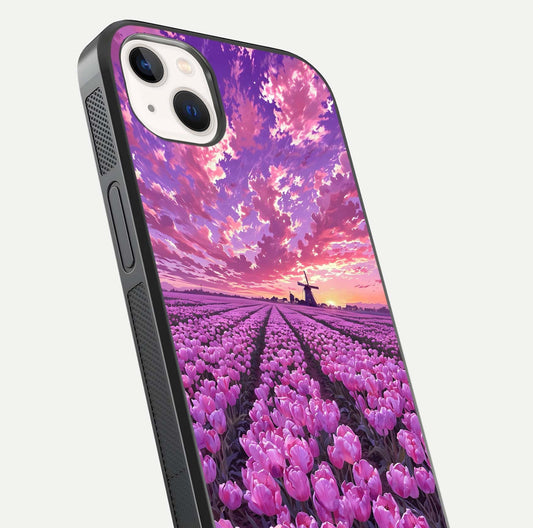 Lavender Dream Skies Glass Case for iPhone 14 Plus close-up angled shot showing purple hues and soft reflection