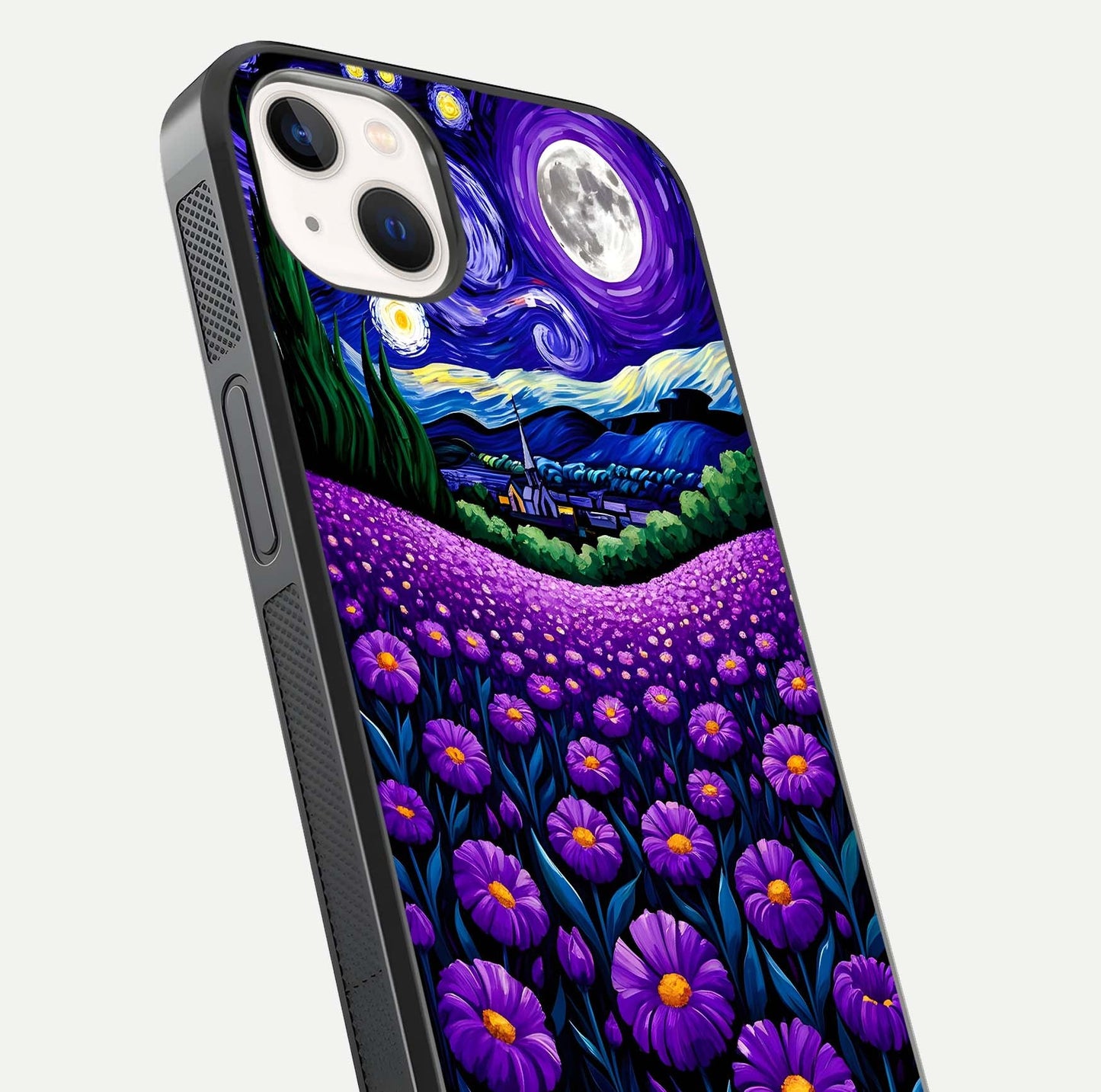 Lavender Moon Field Glass Case for iPhone 14 Plus close-up angled shot showing moon glow and purple detailing