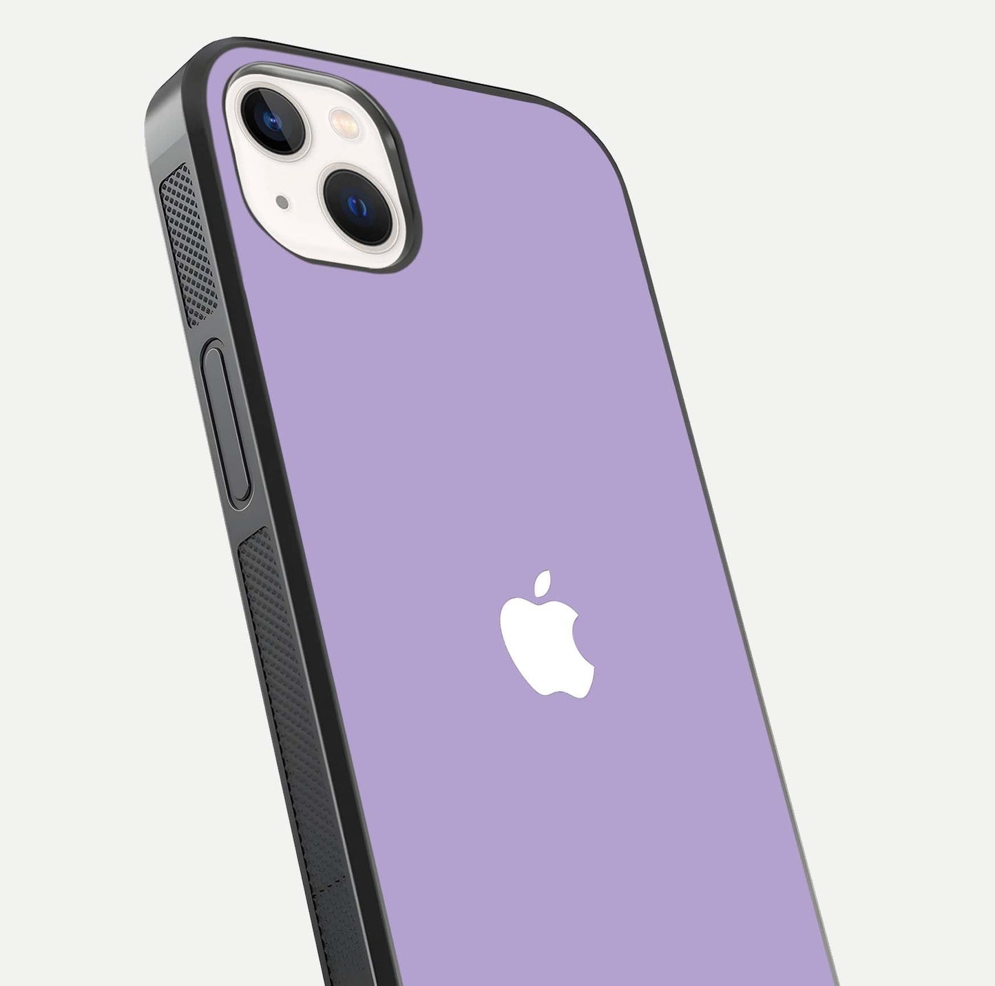 Lavender Soft Minimal Glass Case for iPhone 14 Plus close-up angled shot showing clean color texture and shine