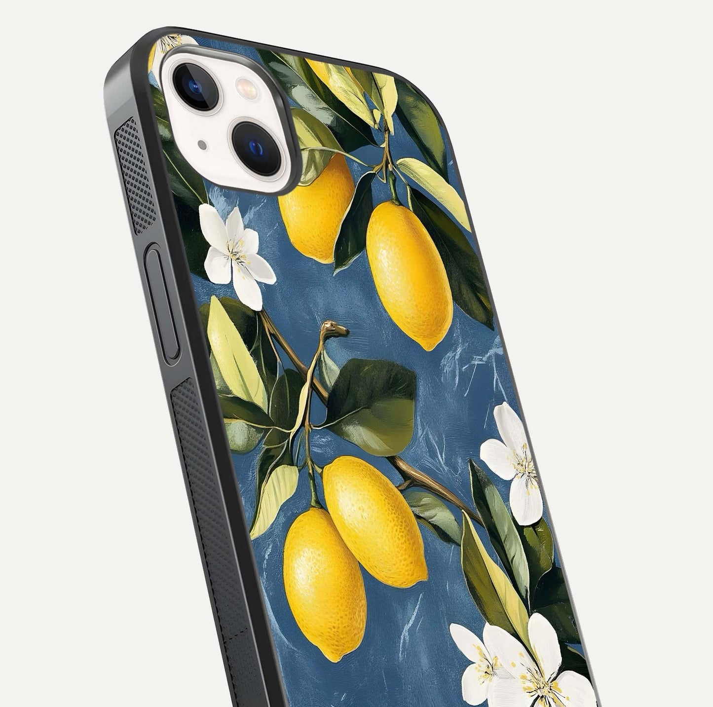 Lemon Dream Garden Glass Case for iPhone 14 Plus close-up angled shot showing fruit details and shine reflection