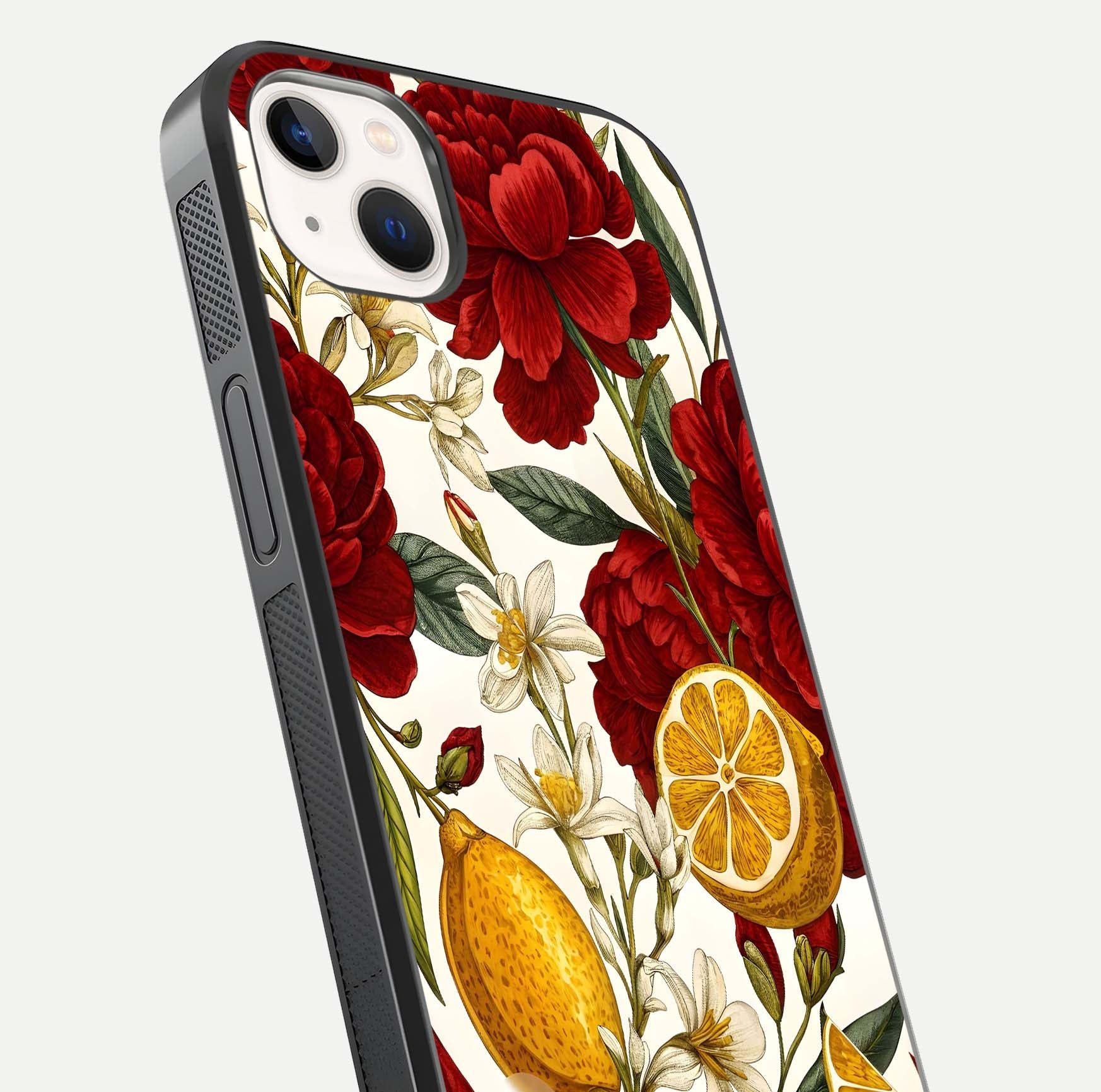 Lemon Rose Charm Glass Case for iPhone 14 Plus angled close-up showing vivid rose details and HD glass reflection