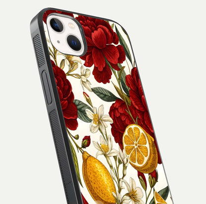 Lemon Rose Charm Glass Case for iPhone 14 Plus angled close-up showing vivid rose details and HD glass reflection