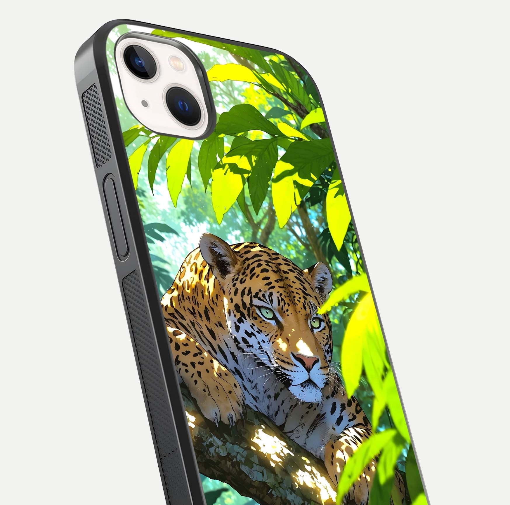 Leopard in Jungle Glass Case for iPhone 14 Plus angled close-up showing fur texture and glossy shine reflection
