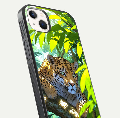 Leopard in Jungle Glass Case for iPhone 14 Plus angled close-up showing fur texture and glossy shine reflection