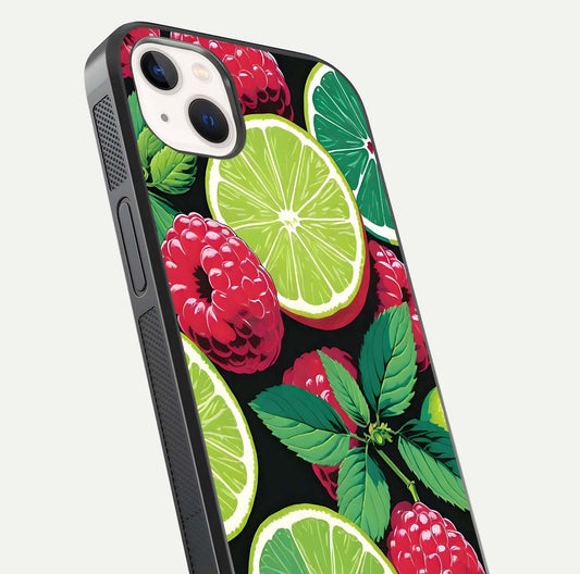 Lime and Raspberry Pattern Glass Case for iPhone 14 Plus angled close-up showing fruit texture and reflection glow