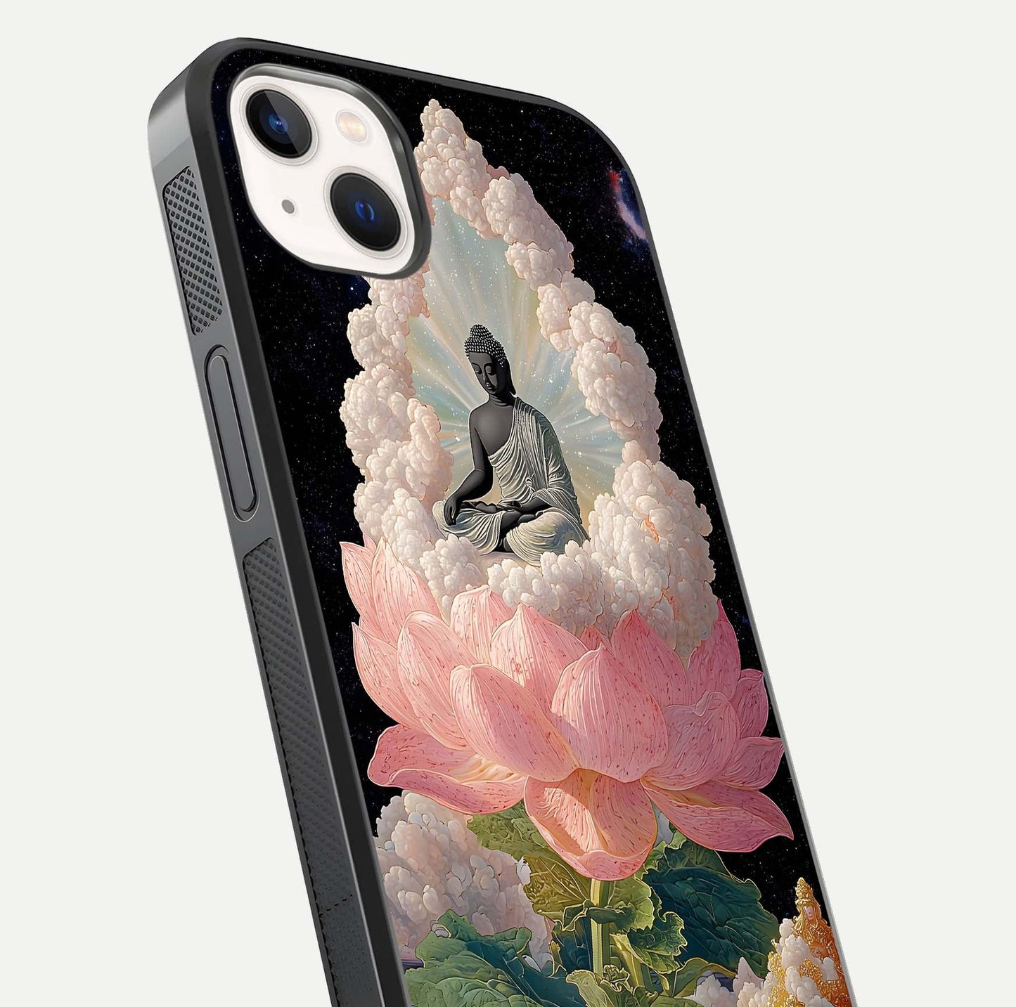 Lotus Divine Peace Glass Case for iPhone 14 Plus angled close-up showing delicate petals and gloss reflection