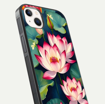 Lotus Dream Serenity Glass Case for iPhone 14 Plus close-up angled shot showing floral details and soft shine