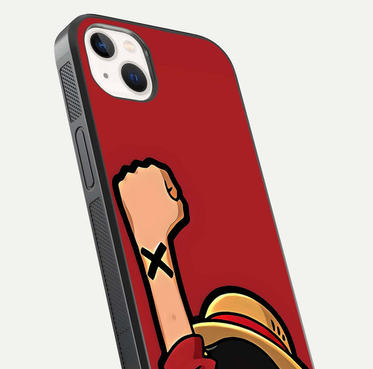 Luffy X Spirit Glass Case for iPhone 14 Plus close-up angled shot showing character detailing and gloss texture