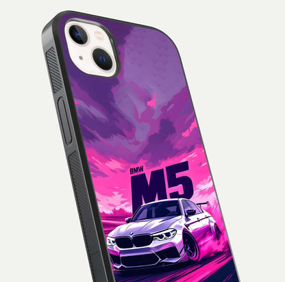 MS Neon Car Glass Case for iPhone 14 Plus close-up angled shot showing vivid neon reflections and shine