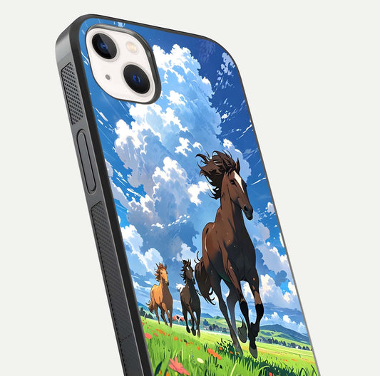 Majestic Horses Galloping Glass Case for iPhone 14 Plus close-up angled shot showing horse motion and reflection