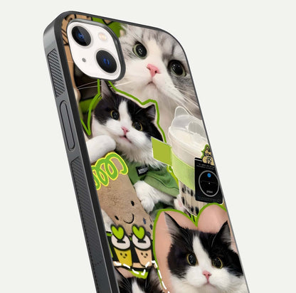 Matcha Cats Mood Glass Case for iPhone 14 Plus close-up angled shot showing adorable cat art and reflection detail