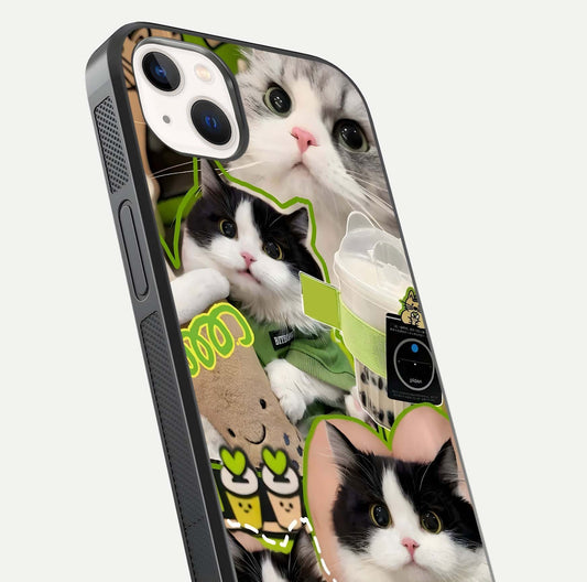 Matcha Cats Mood Glass Case for iPhone 14 Plus close-up angled shot showing adorable cat art and reflection detail