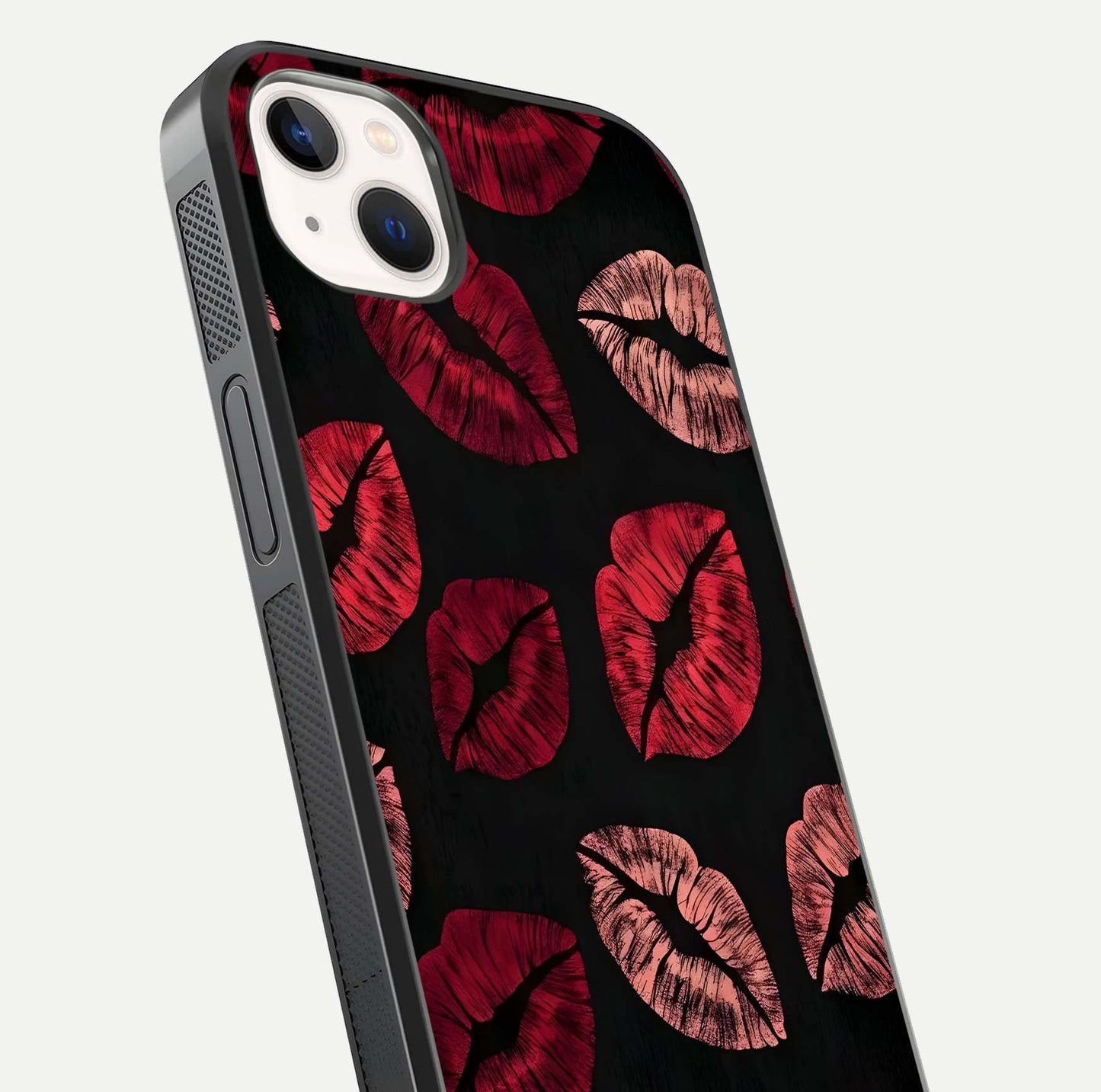 Midnight Kiss Love Glass Case for iPhone 14 Plus close-up angle highlighting red accents and reflection shine
