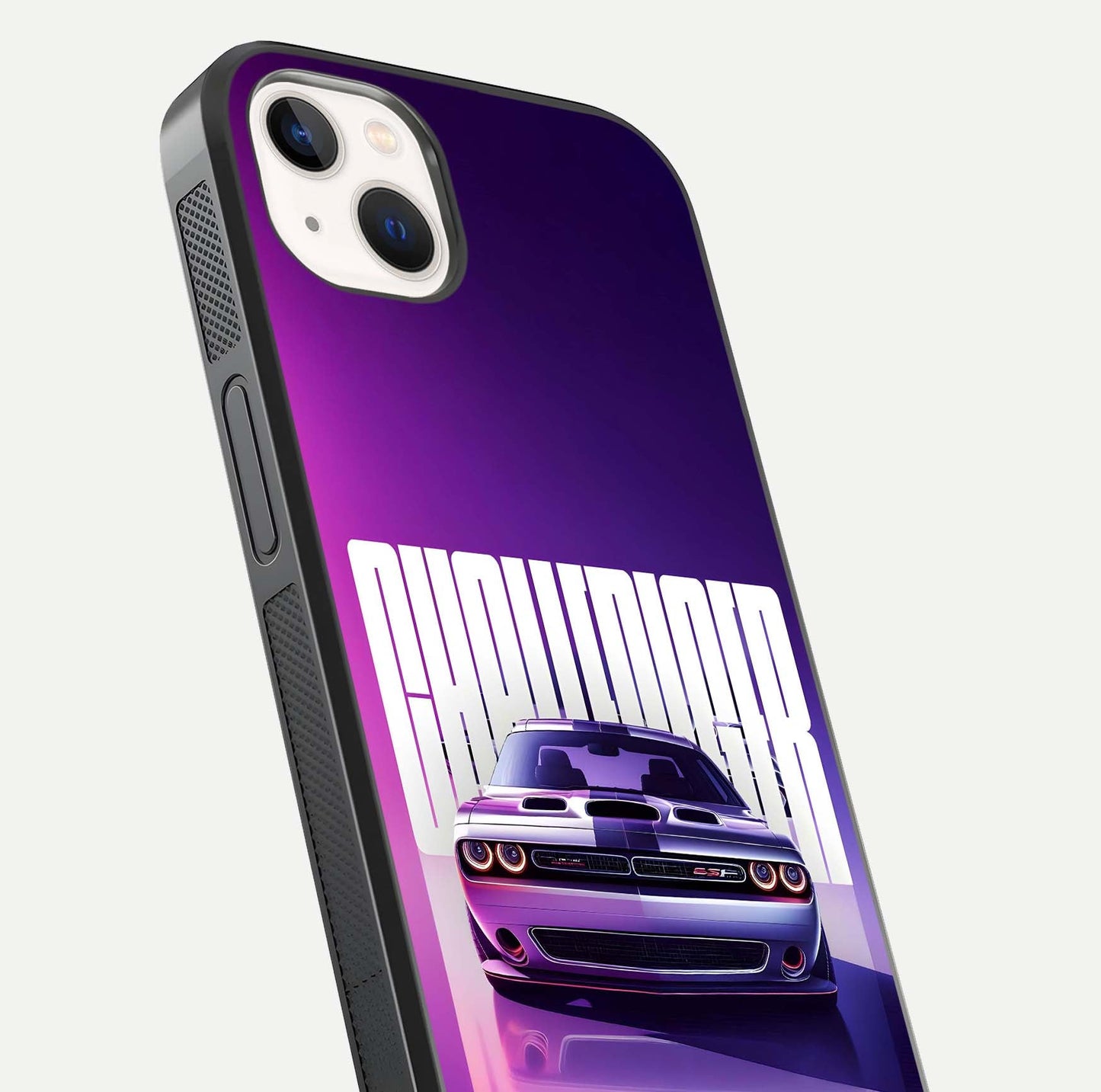 Midnight Muscle Ride Glass Case for iPhone 14 Plus close-up angled shot showing HD reflections and car details