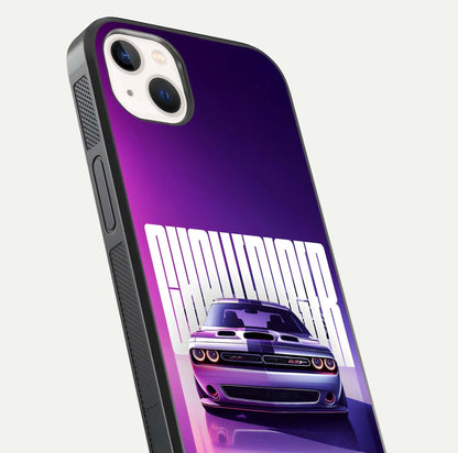 Midnight Muscle Ride Glass Case for iPhone 14 Plus close-up angled shot showing HD reflections and car details