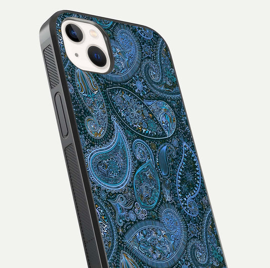 Midnight Paisley Glow Glass Case for iPhone 14 Plus close-up angled shot showing floral details and gloss texture