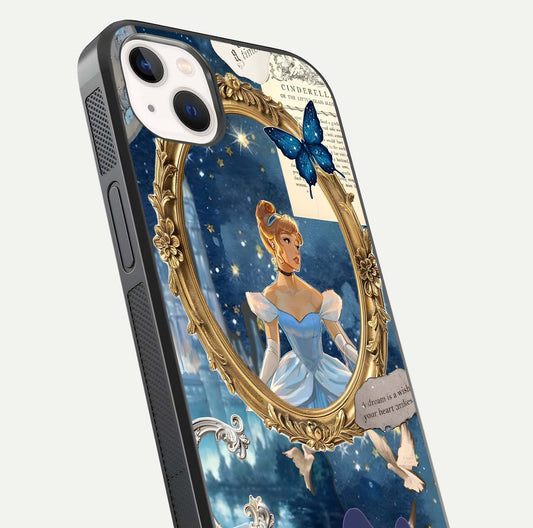 Midnight Queen Glass Case for iPhone 14 Plus close-up angled shot featuring crown motif and gloss reflection