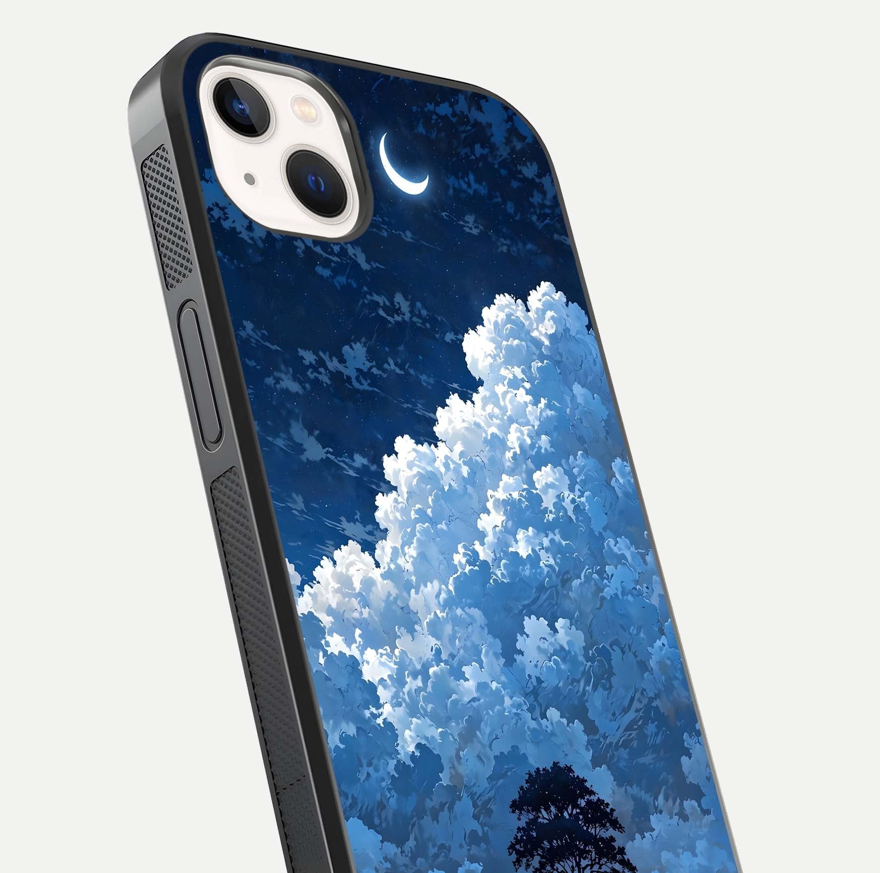Midnight Sky Serenity Glass Case for iPhone 14 Plus close-up angled shot showing starlit tones and reflection