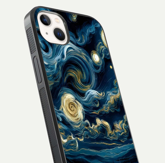 Midnight Sky Whirl Glass Case for iPhone 14 Plus close-up angle showing spiral design and HD gloss reflection