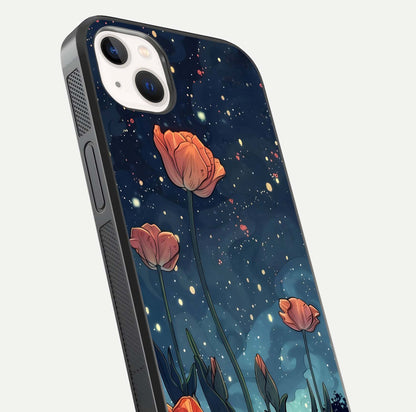 Midnight Tulip Glow Glass Case for iPhone 14 Plus close-up angled shot showing petal details and reflection glow